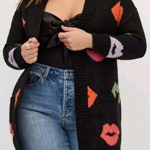 Torrid Black Cardigan with Colorful Lips Pattern